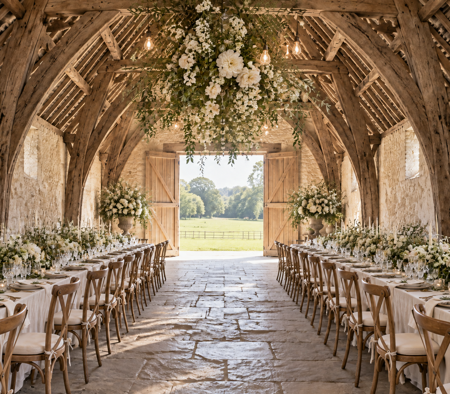 Long dressed tables down the tithe barn, oak trusses overhead and the cart doors open to the fields