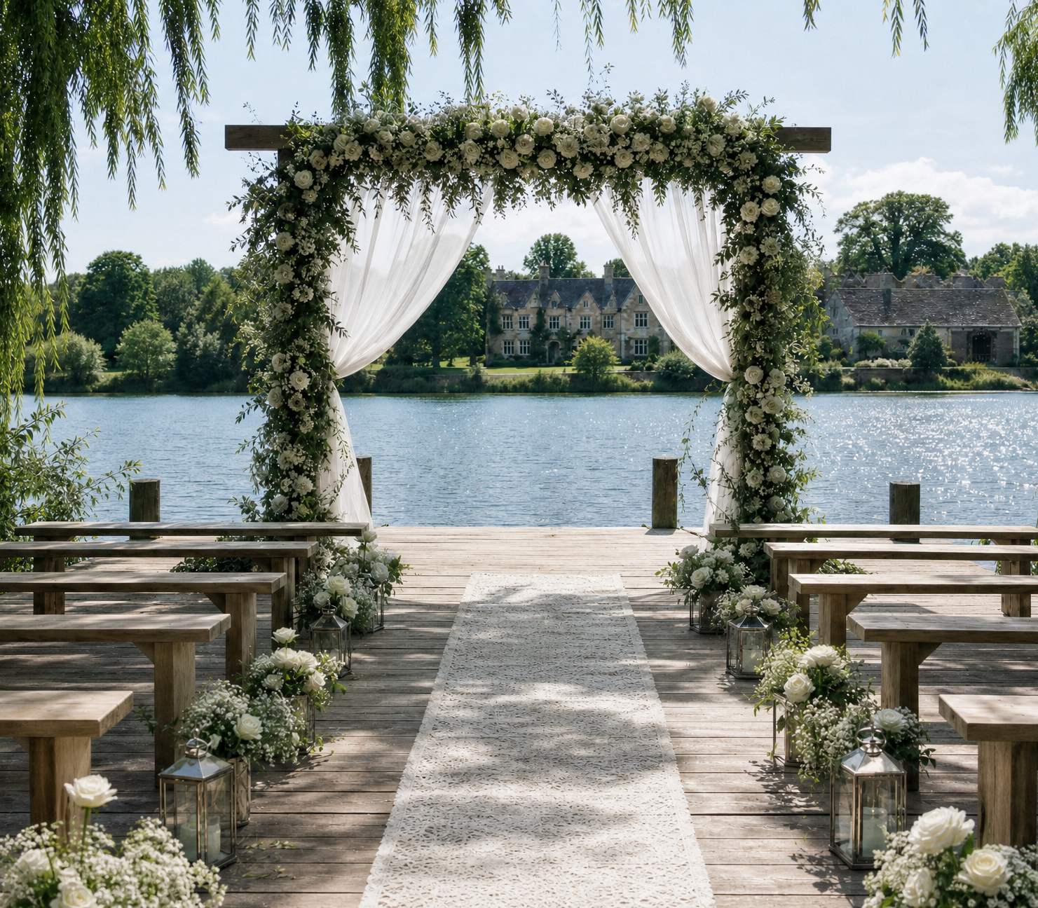 A rose-covered ceremony arch with white drapes at the end of a jetty aisle, the mere and the stone house beyond