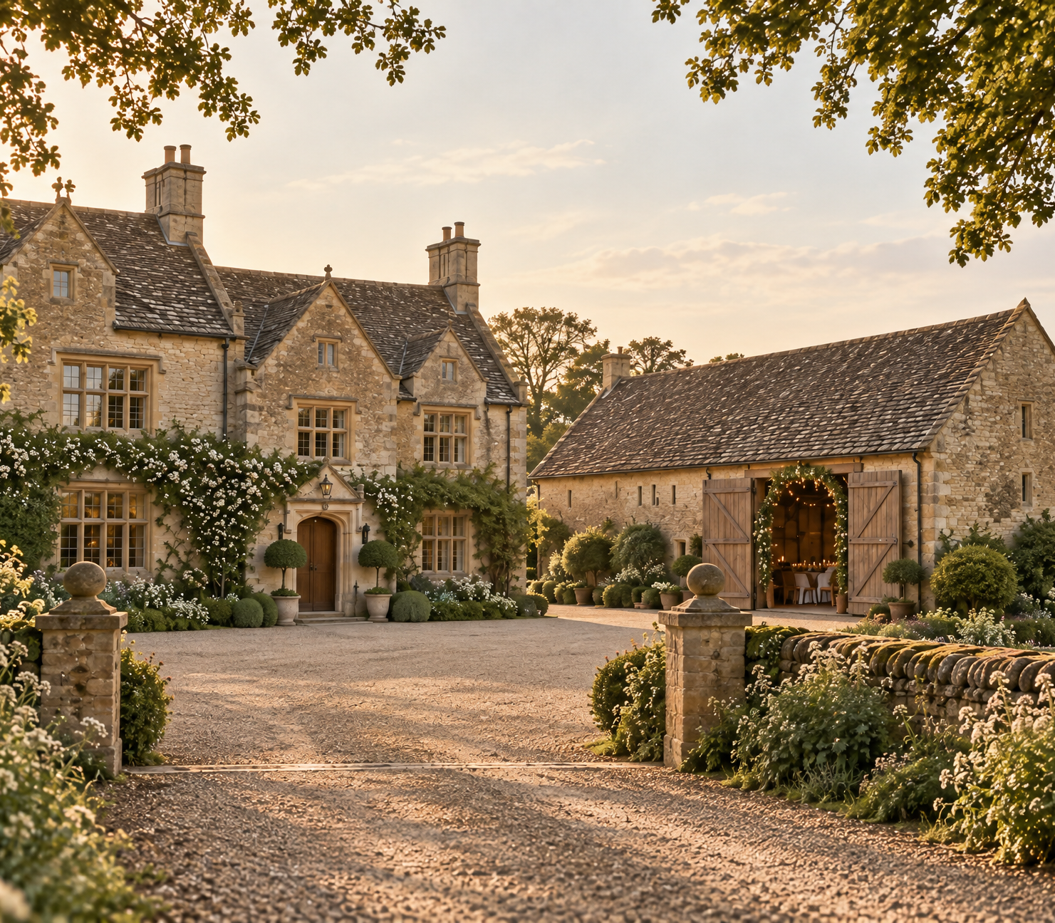 The honey-stone house and barn at golden hour, roses on the walls and a gravel forecourt