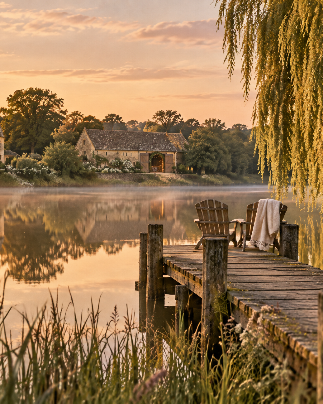 Mist on the mere at golden hour, a wooden jetty with two chairs, the house across the water