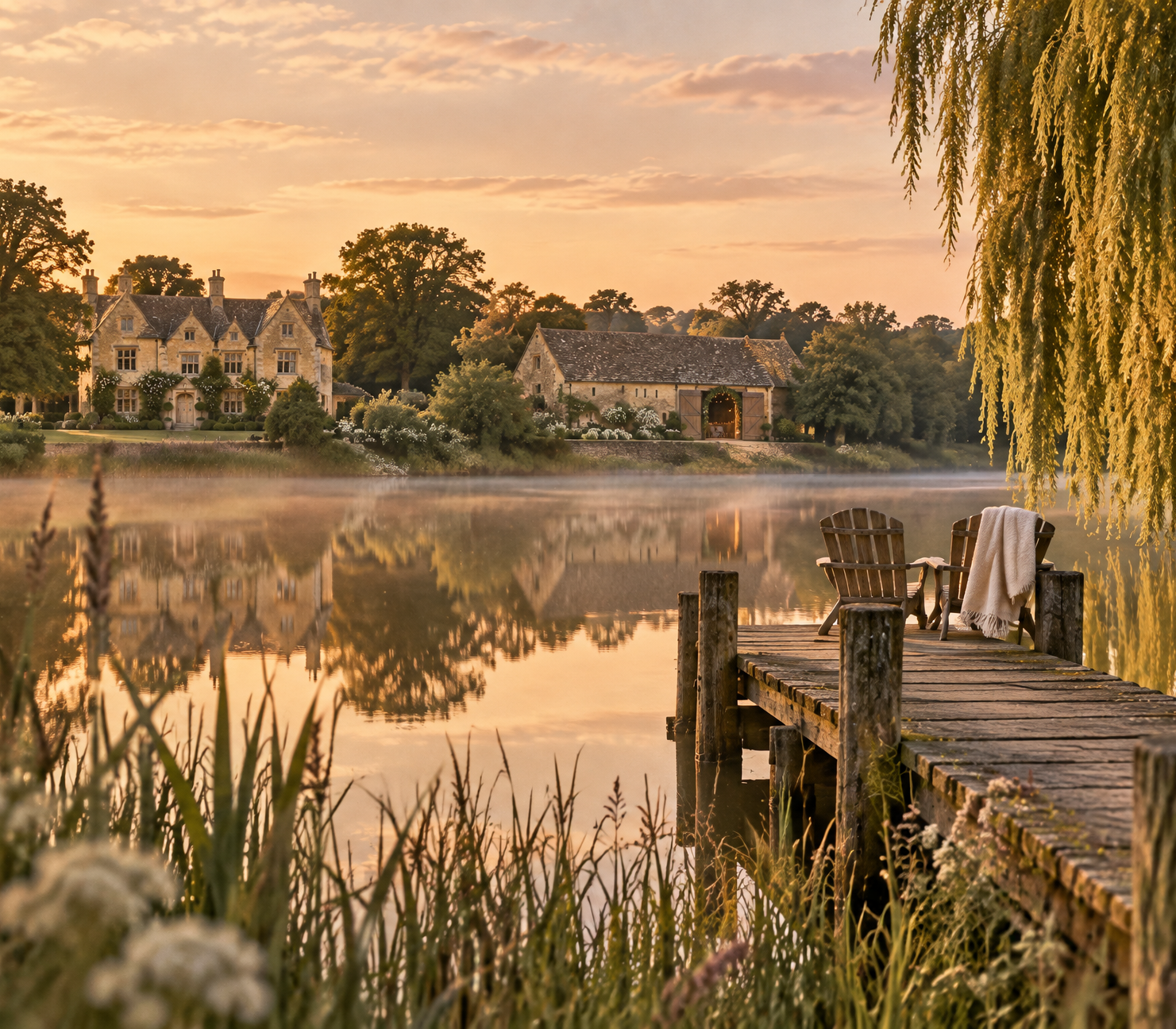 Mist on the mere at golden hour, a wooden jetty with two chairs, the house across the water
