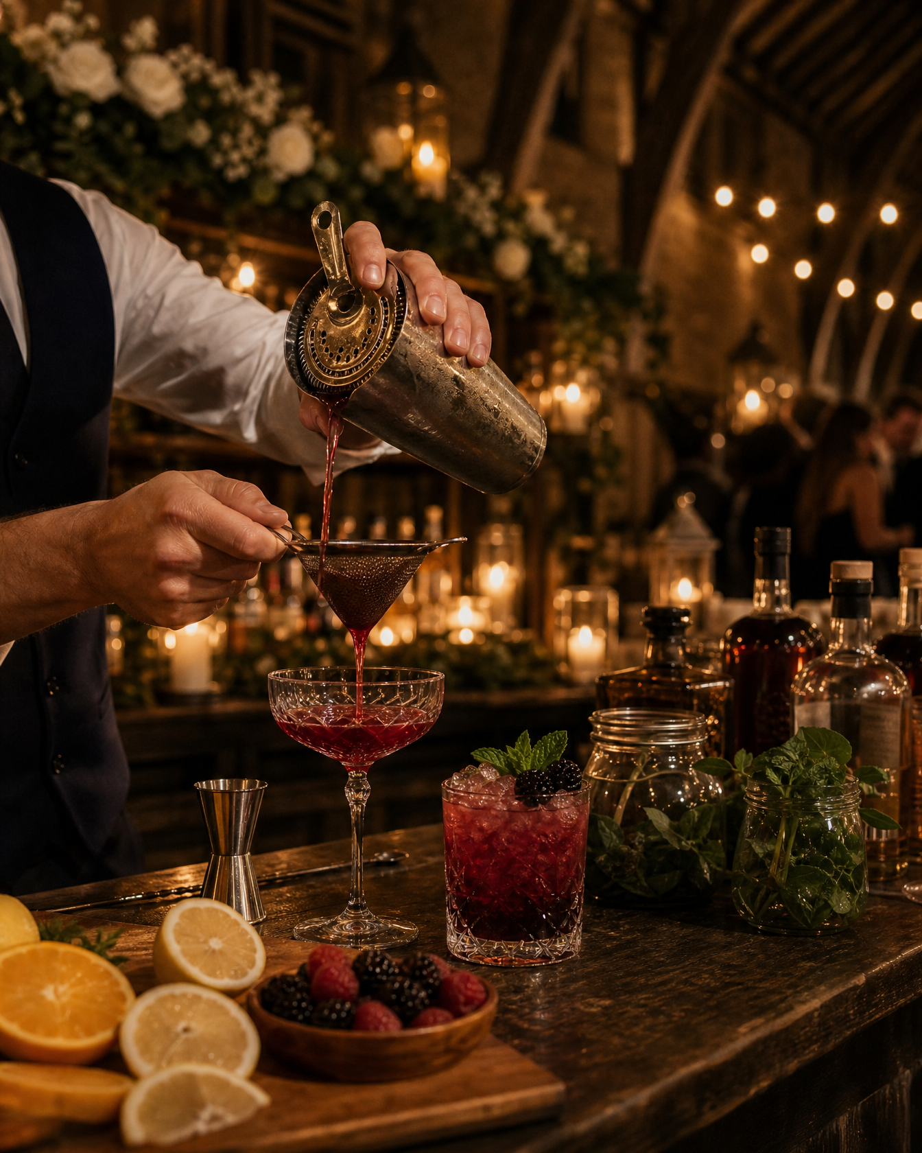 A bartender strains a red bramble into a crystal coupe at the oak bar in the barn, candles and fairy lights behind
