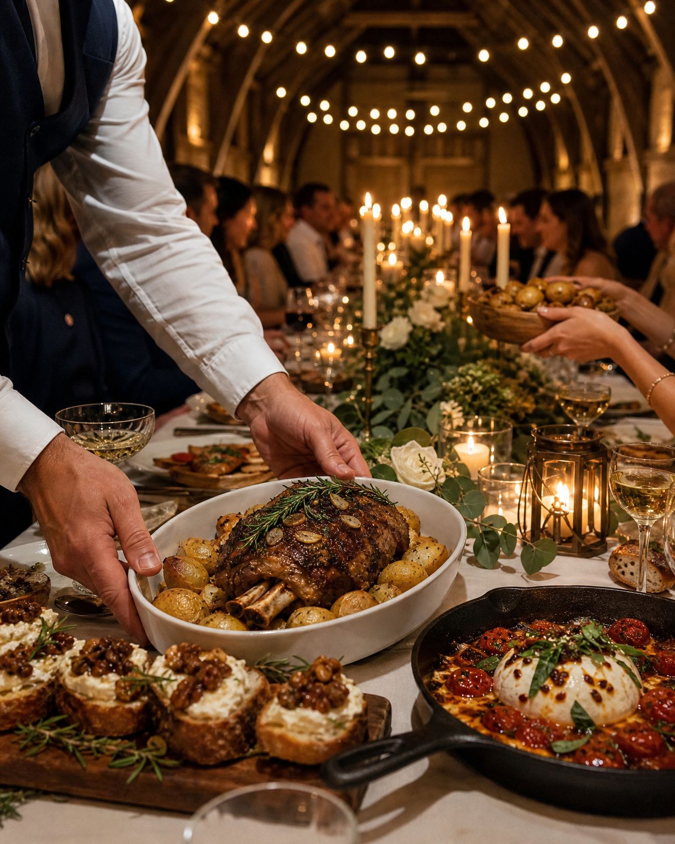 Dinner set down in the barn by candlelight: a roast lamb shoulder, honeyed toasts and a pan of burrata, festoon lights along the trusses