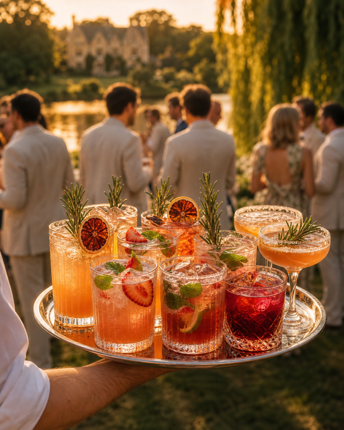 A waiter carries a silver tray of spritzes across the lawn at golden hour, blood orange, strawberry and berry red, guests and the willow soft behind