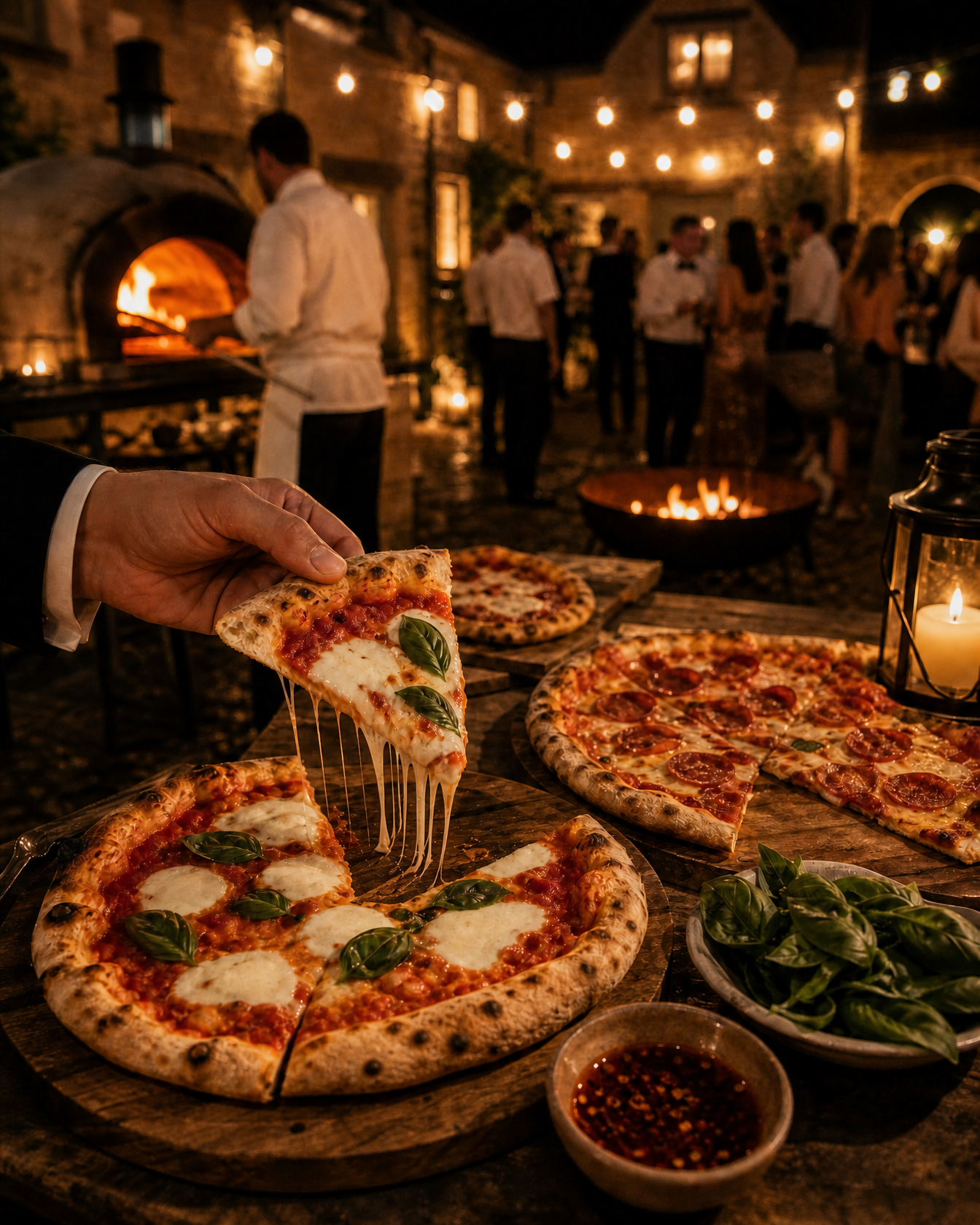 A slice of wood-fired pizza lifted from the board in the cottage courtyard at night, the chef at the glowing oven behind