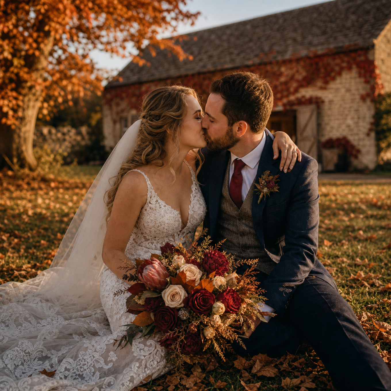 A bride and groom sitting on the lawn among fallen leaves, kissing, a burgundy bouquet in her lap, the creeper-covered tithe barn and a copper beech behind them in October sun