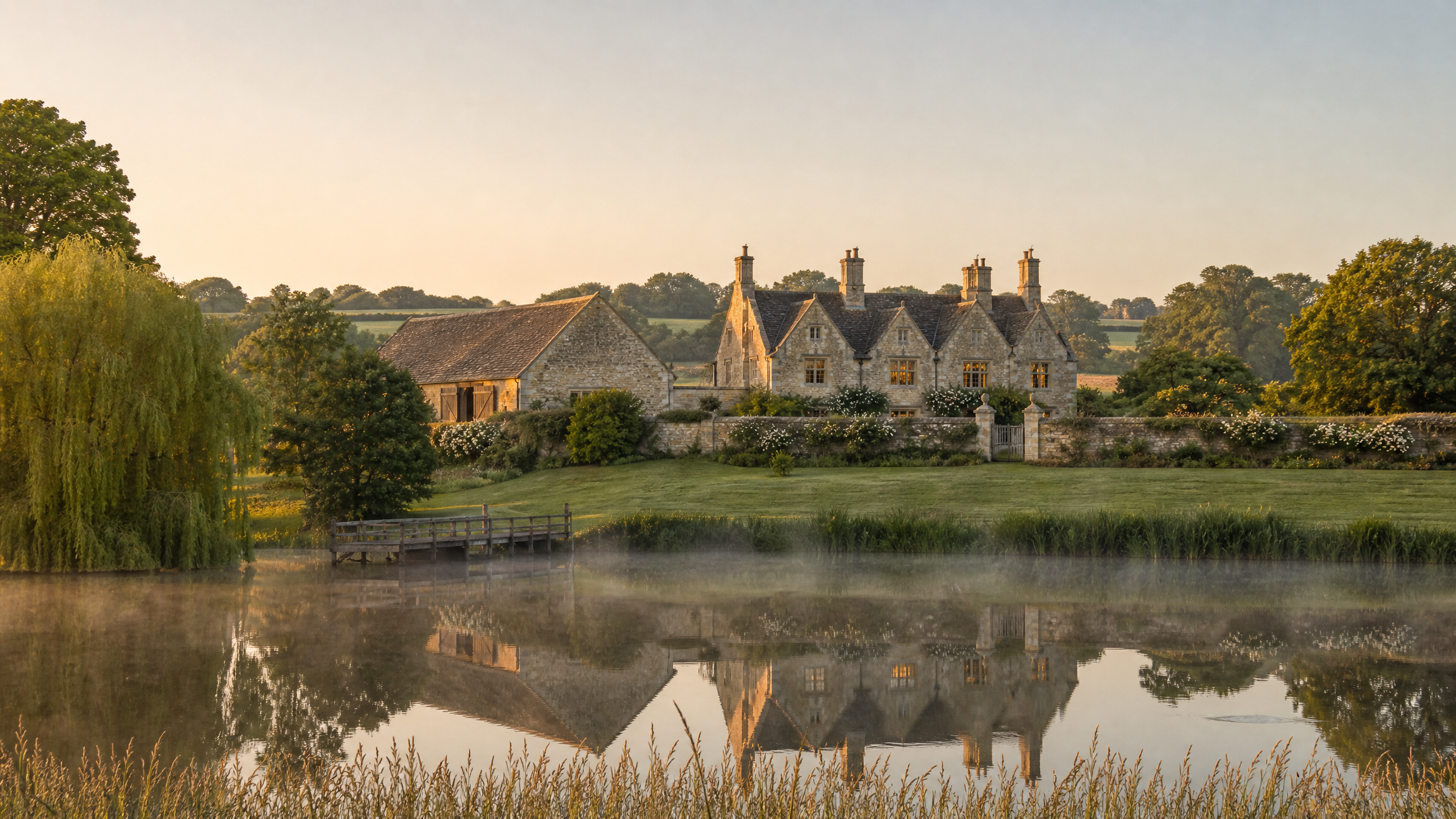 The house and the tithe barn seen across the mere at golden hour, mist on the water, a jetty and a weeping willow on the near bank