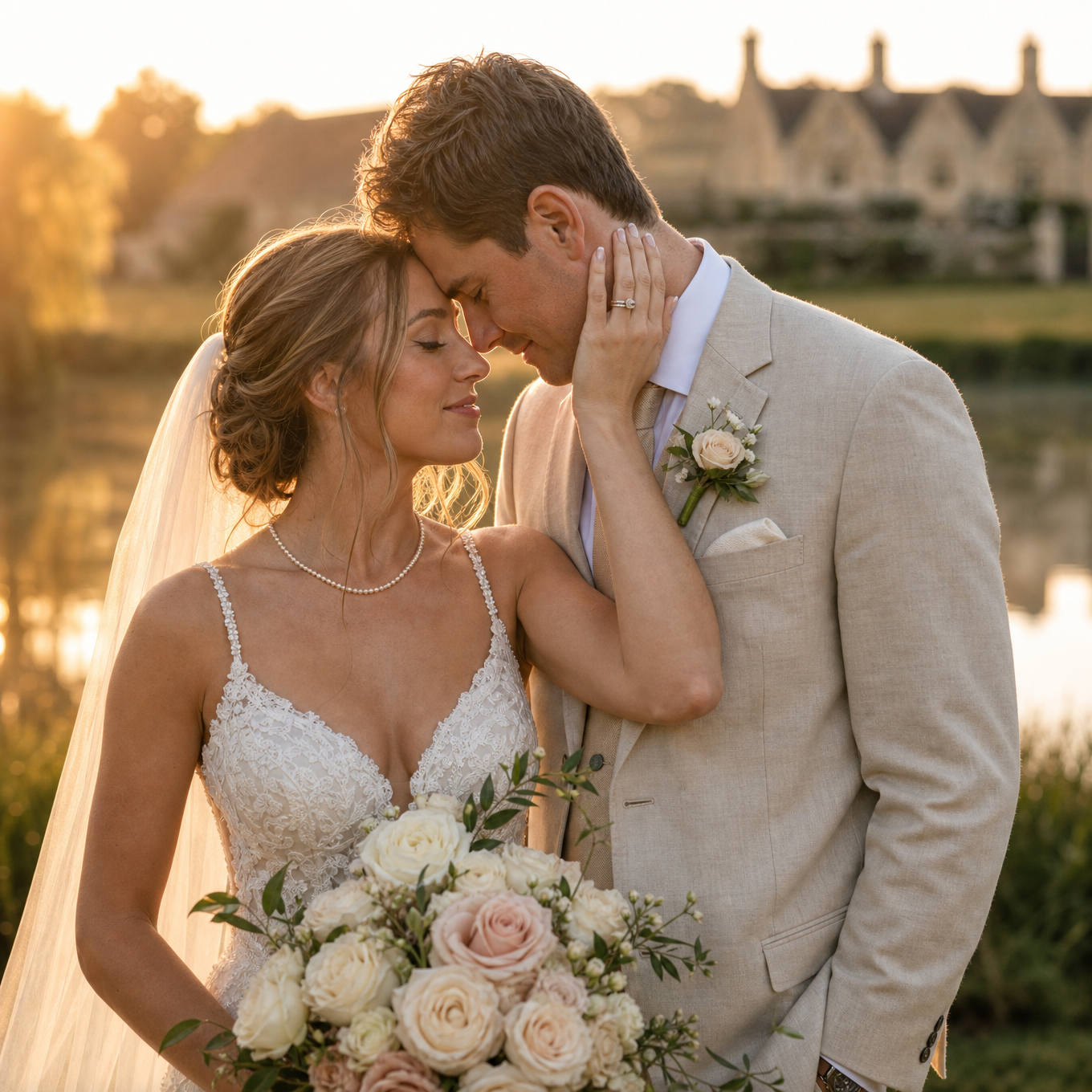 A bride and groom forehead to forehead at golden hour, her hand on his cheek and a bouquet of ivory and blush roses, the house soft across the mere behind them
