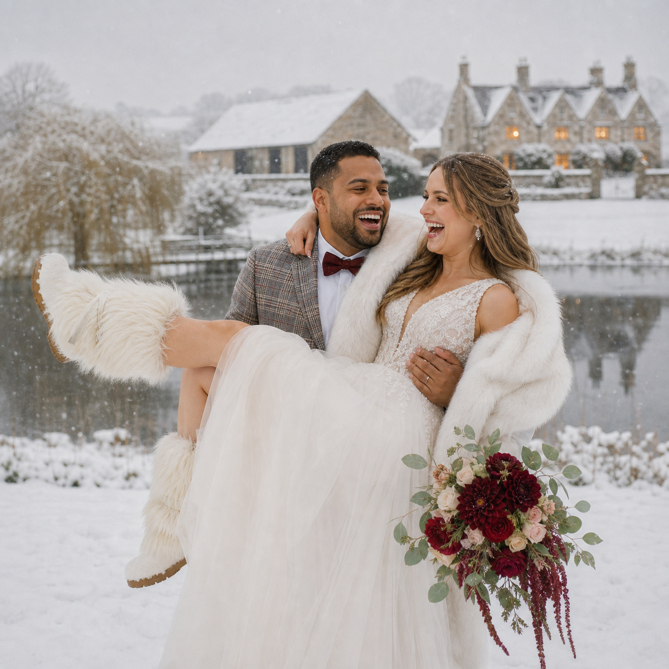 A laughing groom carrying his bride in the falling snow, her fur boot kicked up and a burgundy bouquet trailing, the snow-roofed house and barn across the mere behind them