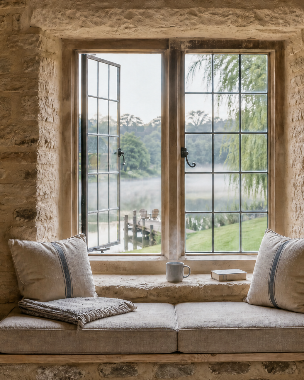 The hayloft's gable window seat, with mist lifting off the mere outside
