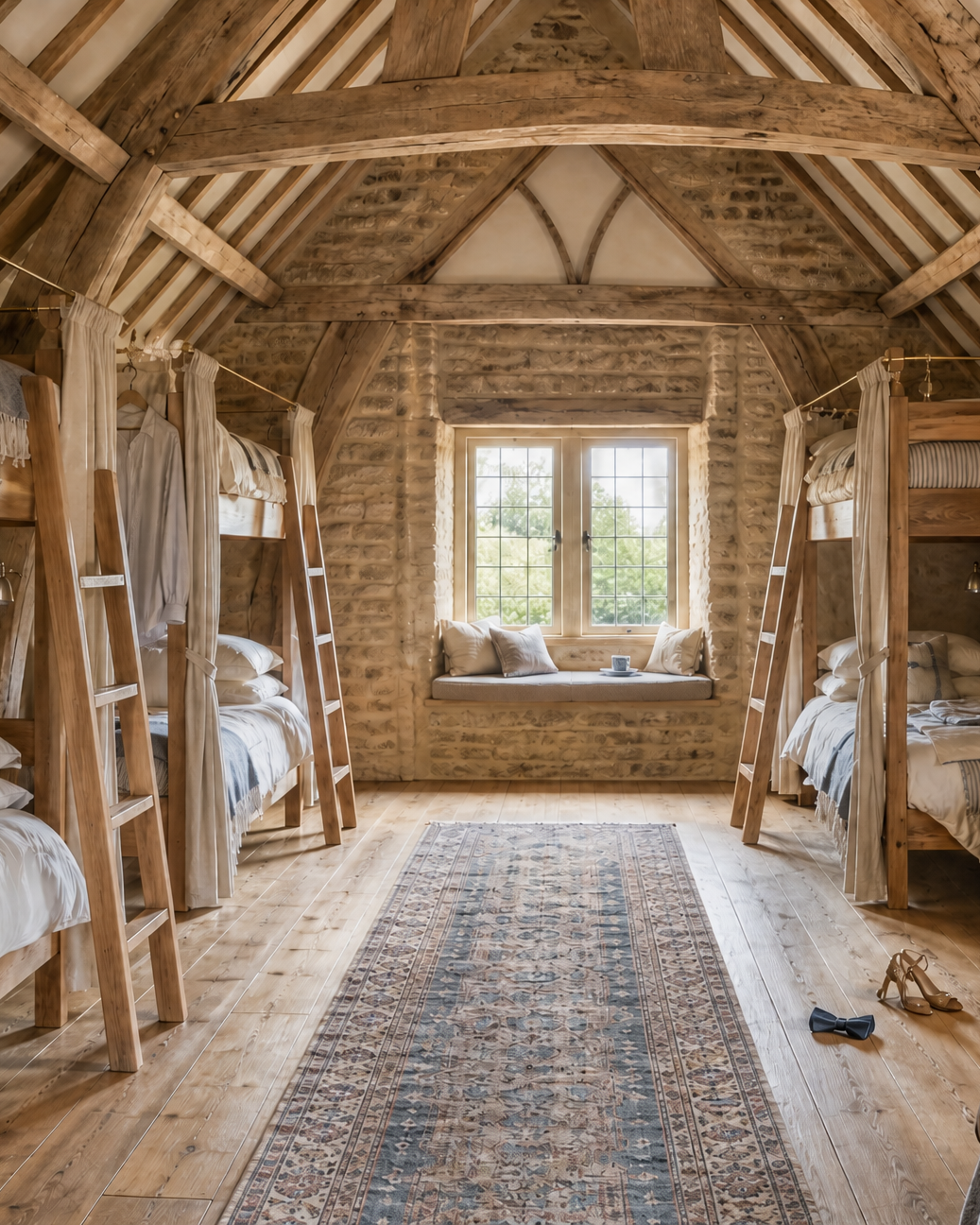 Three oak bunk beds with linen curtains under the barn's trusses, a runner leading to the gable window