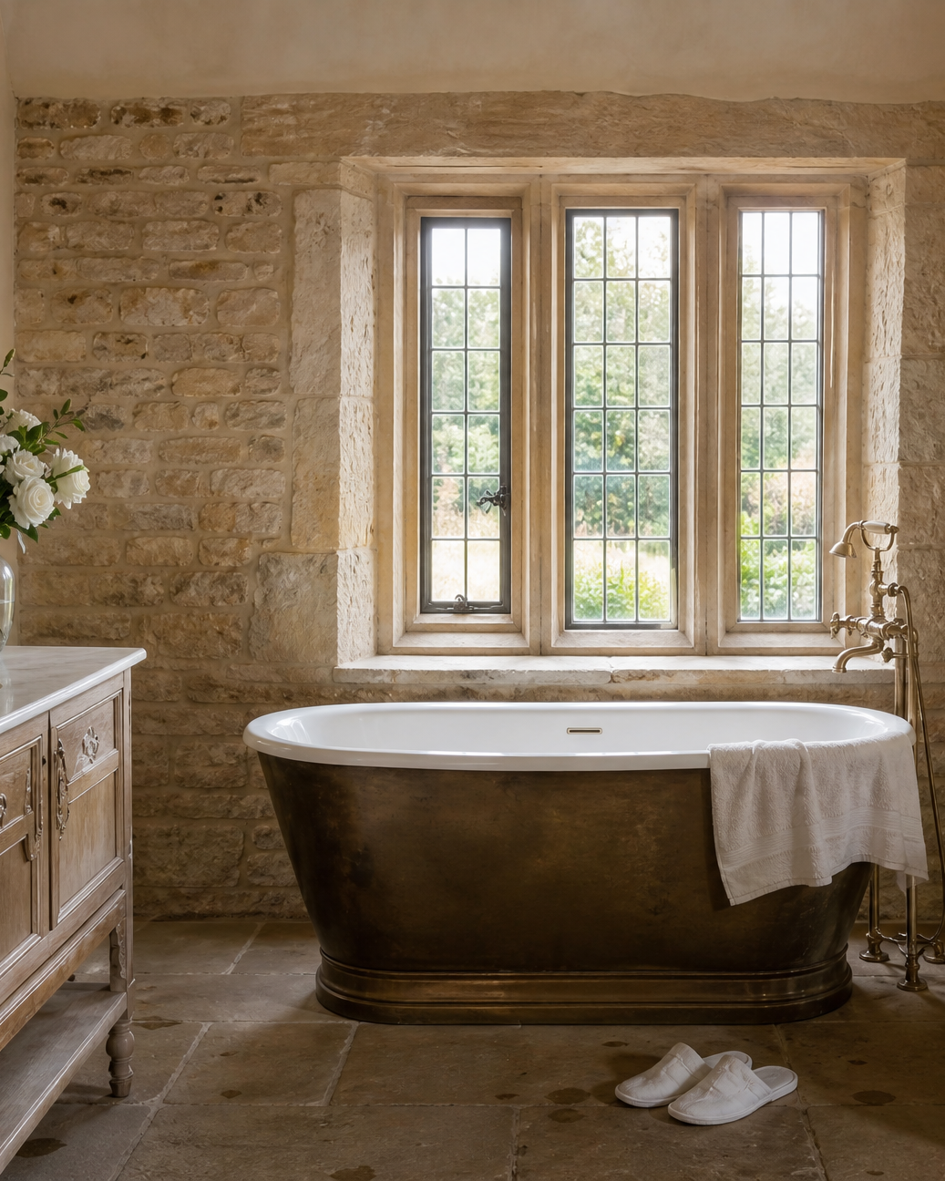 The bridal bathroom: a copper roll-top bath under a leaded stone window