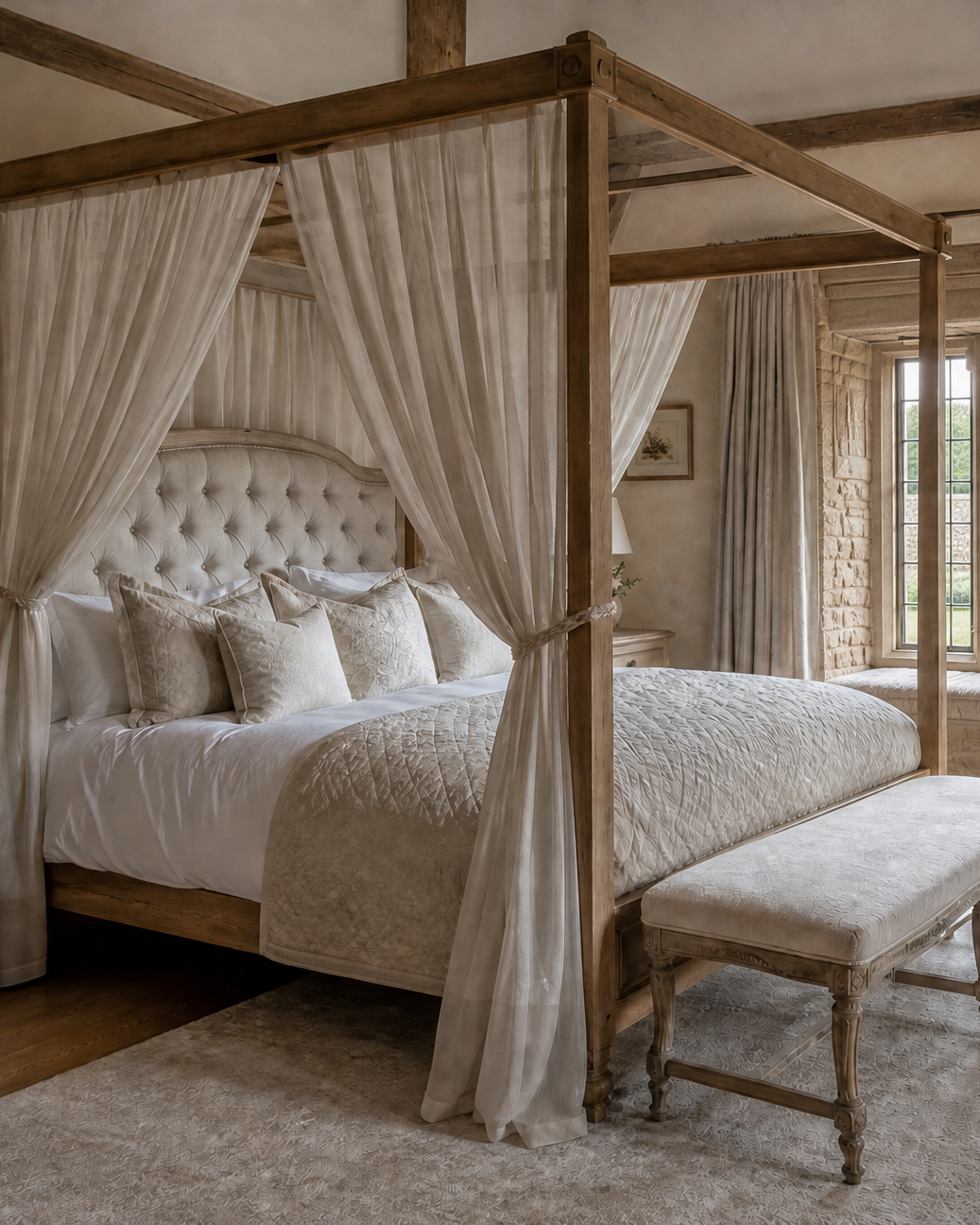 The bridal suite: an oak four-poster in ivory linen, the wedding dress hanging on the wardrobe, morning light