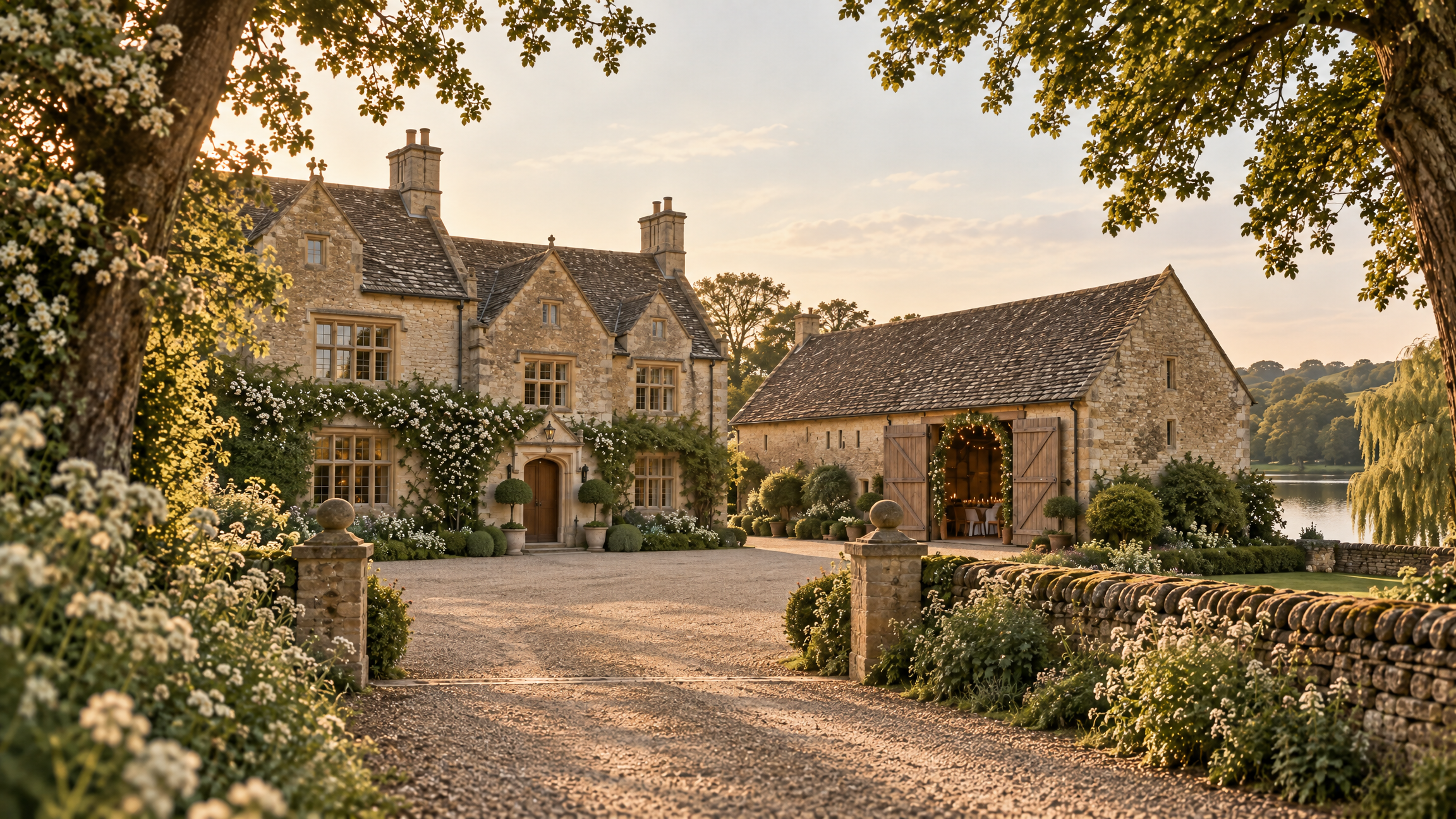 The honey-stone house and barn at golden hour, roses on the walls and a gravel forecourt