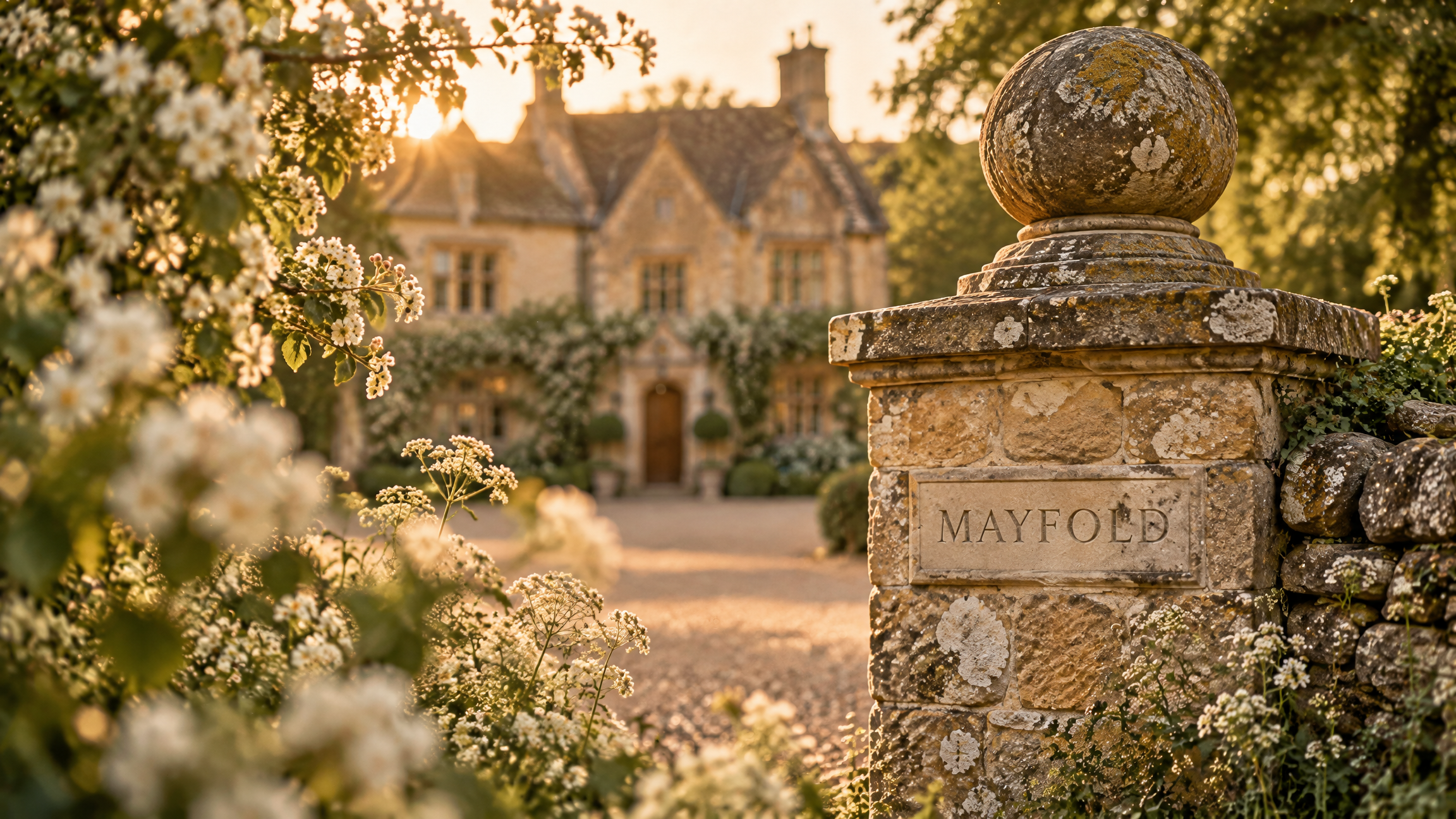 The house seen past a lichened stone gatepost carved with the name Mayfold, cow parsley in flower