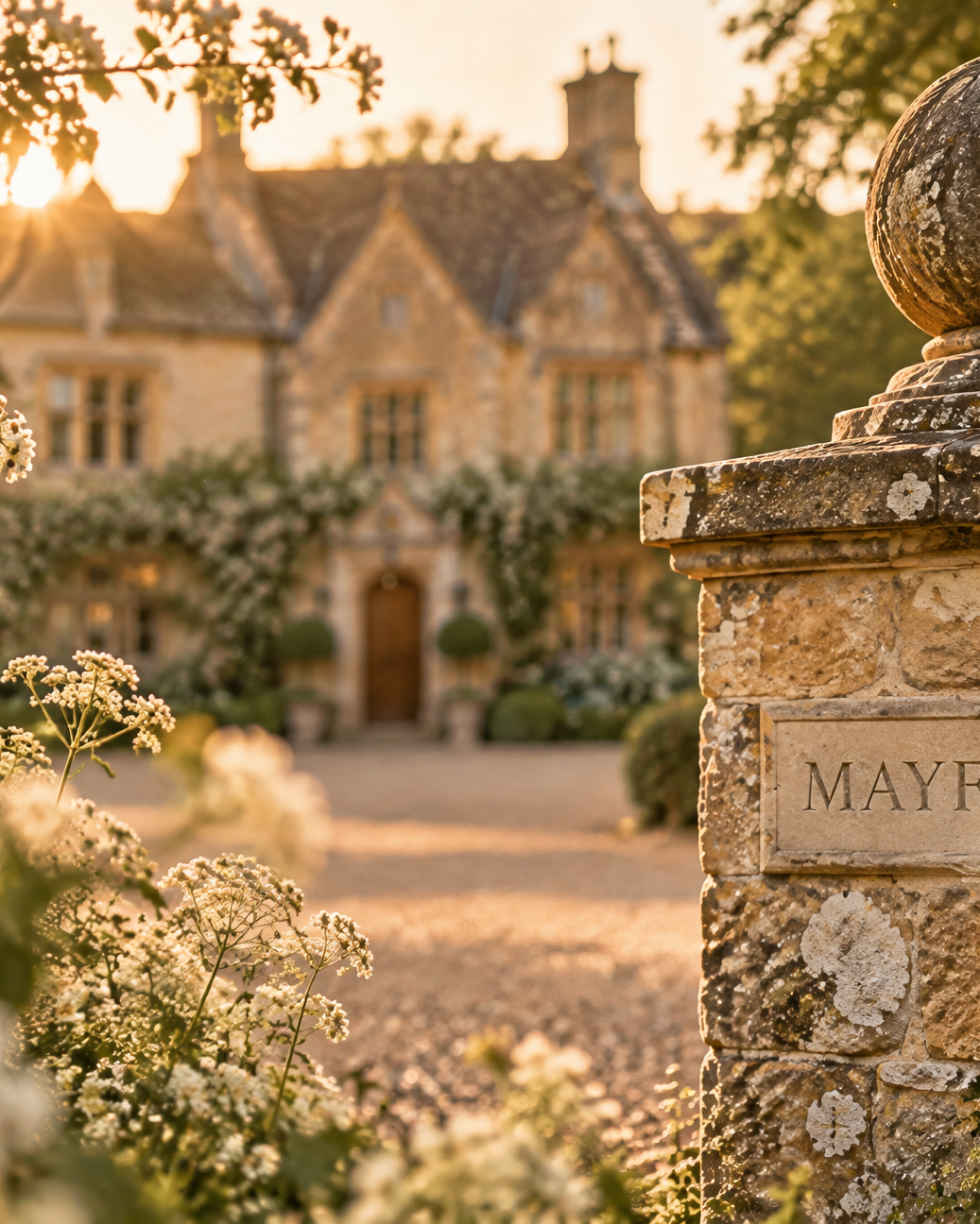 The house seen past a lichened stone gatepost carved with the name Mayfold, cow parsley in flower