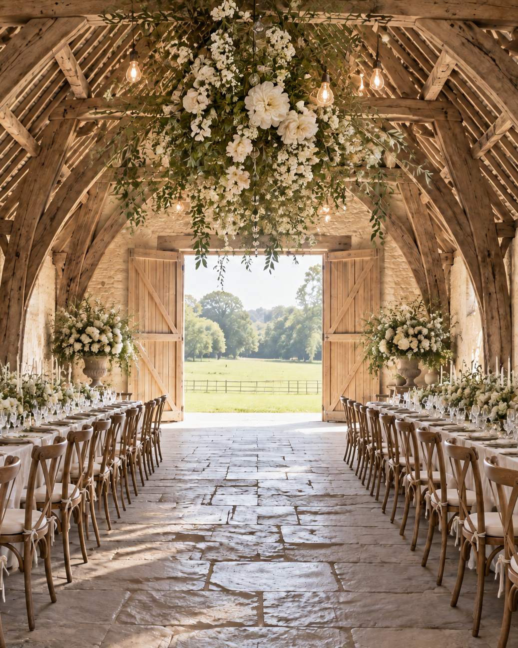 Long dressed tables down the tithe barn, oak trusses overhead and the cart doors open to the fields