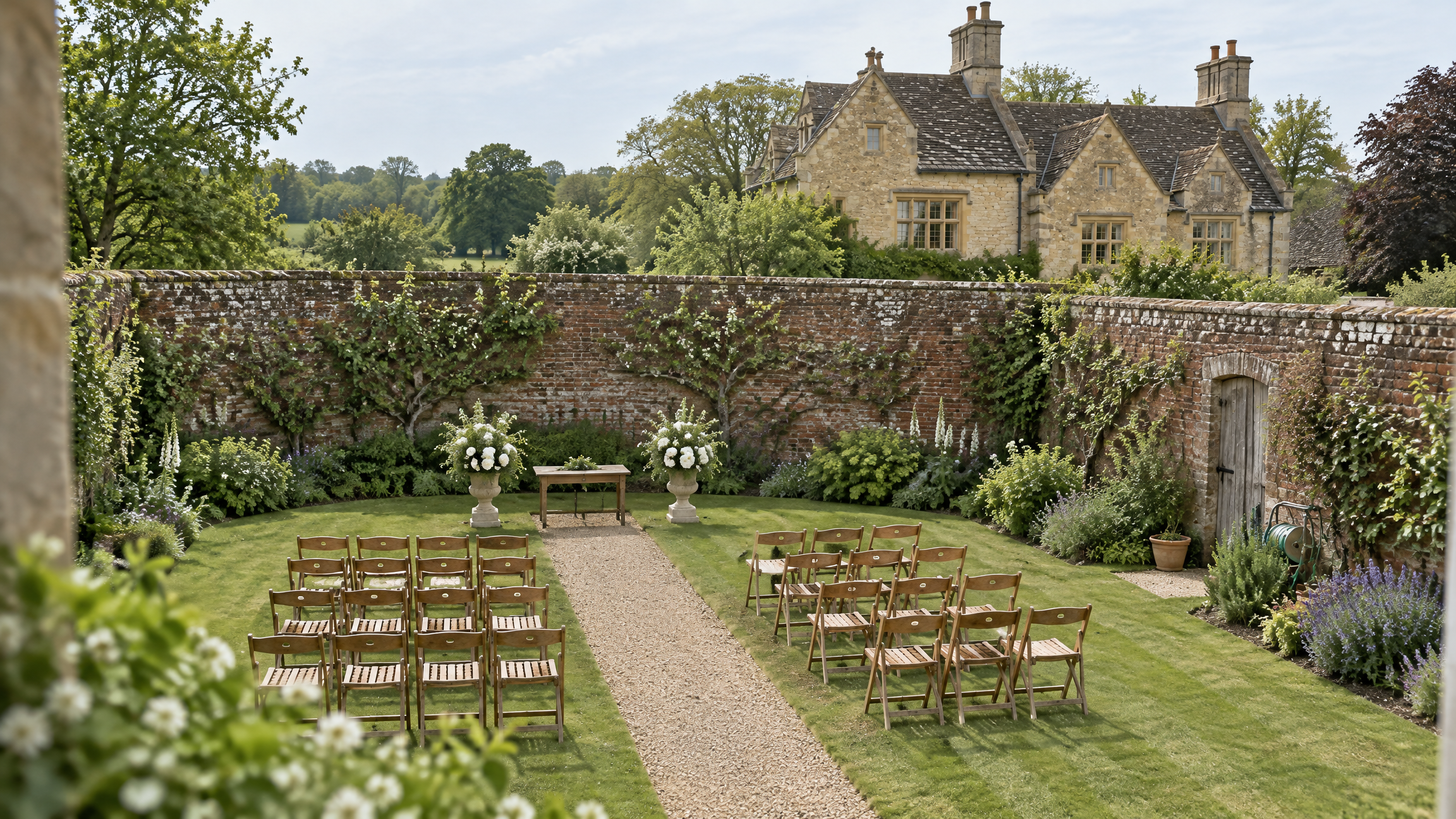 The walled garden set for a ceremony, rows of chairs on the lawn and the house beyond the wall
