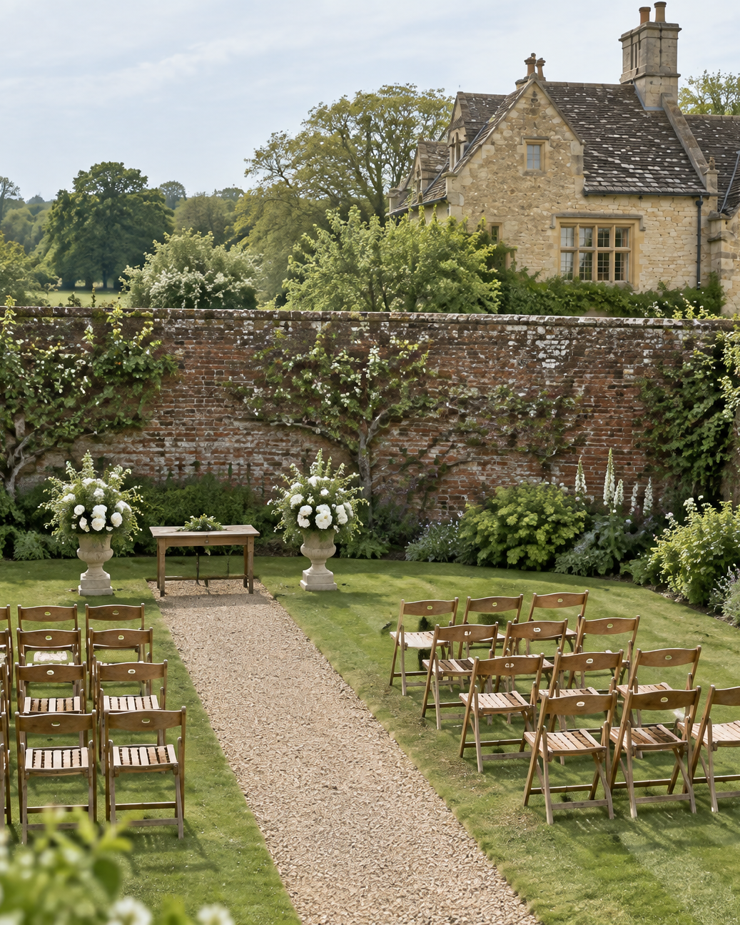 The walled garden set for a ceremony, rows of chairs on the lawn and the house beyond the wall