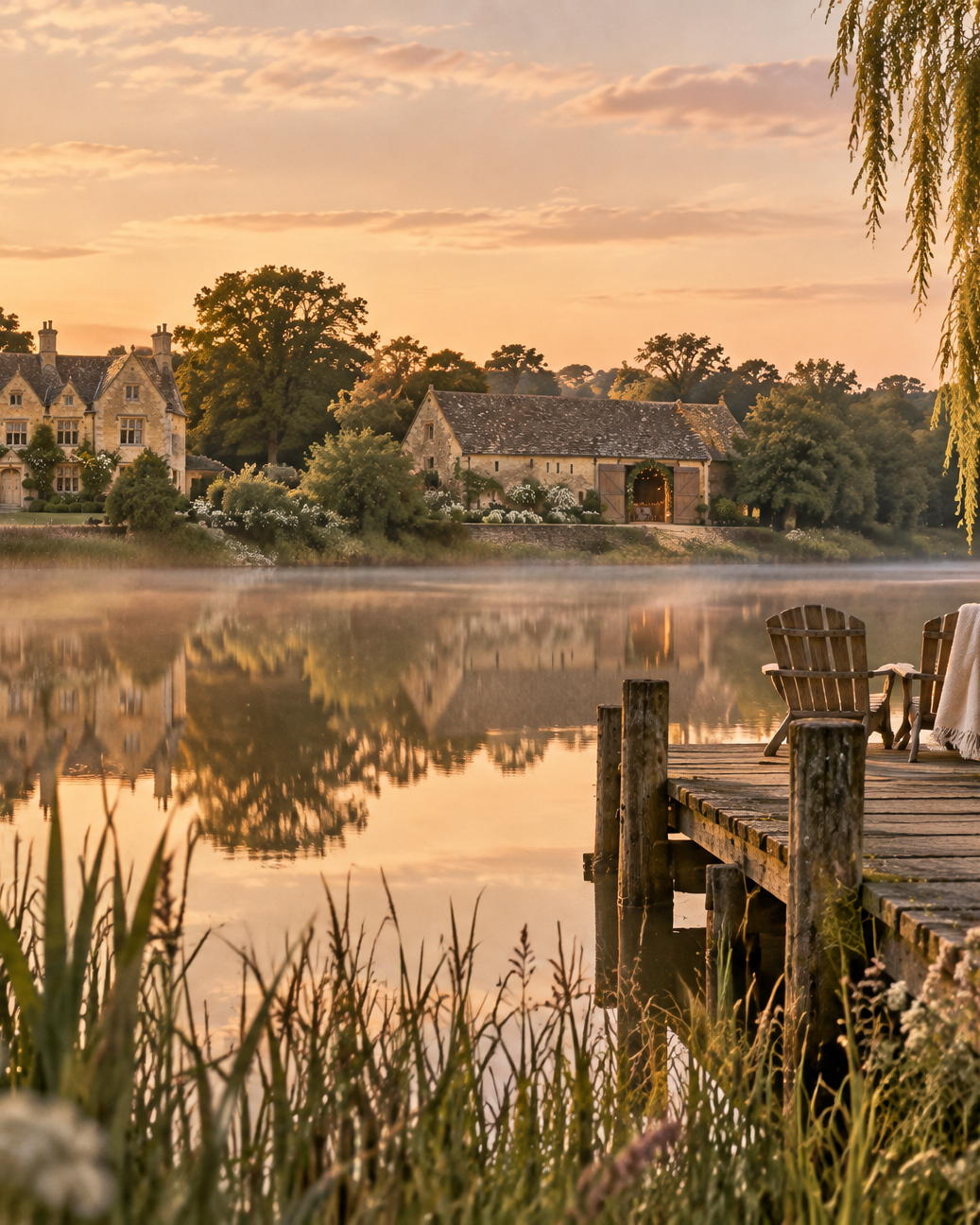 Mist on the mere at golden hour, a wooden jetty with two chairs, the house across the water