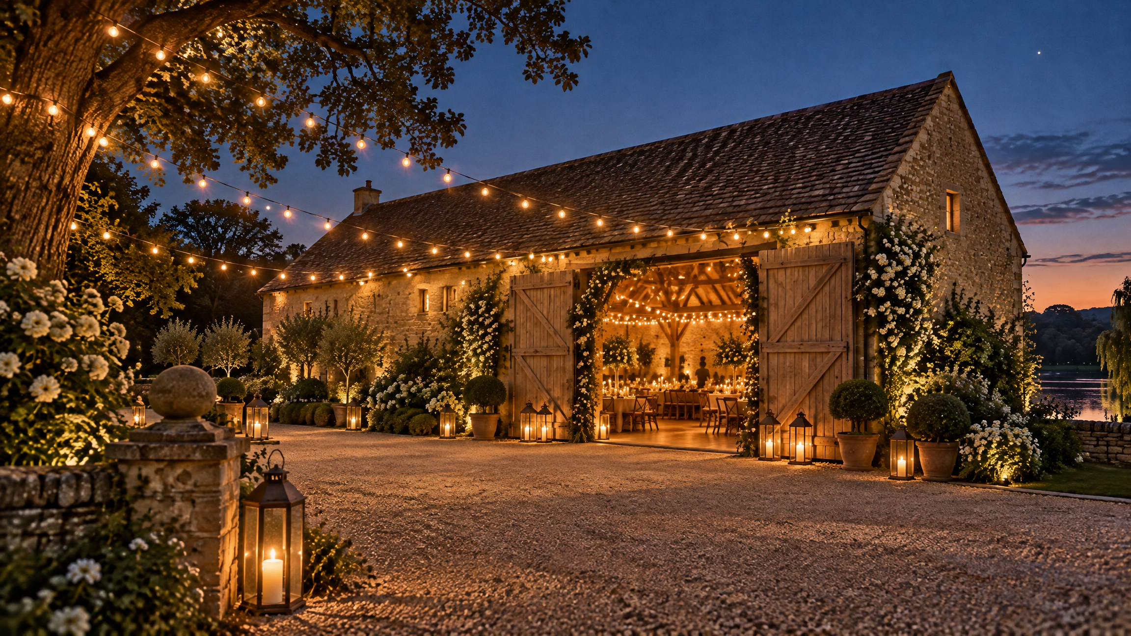 The barn at dusk with festoon lights along the eaves and its doors glowing