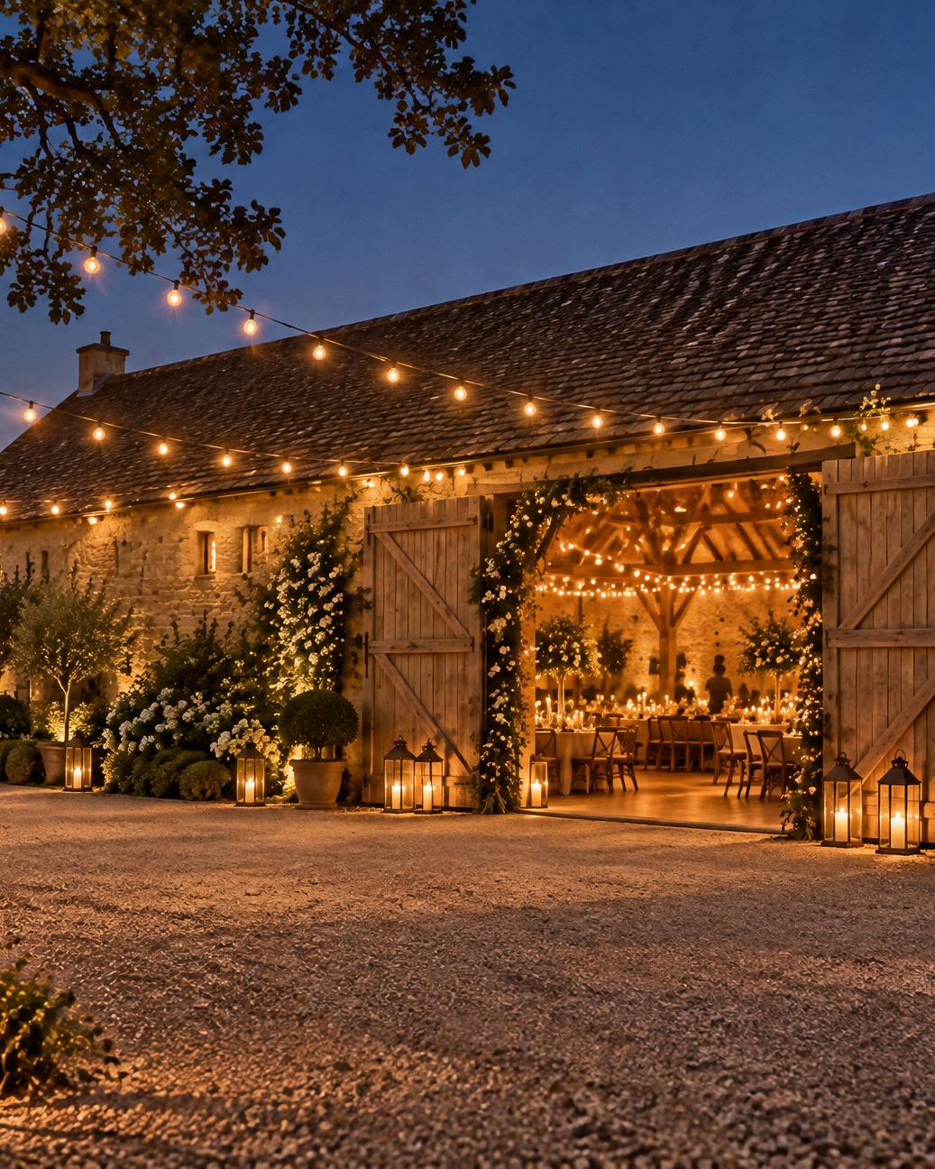 The barn at dusk with festoon lights along the eaves and its doors glowing