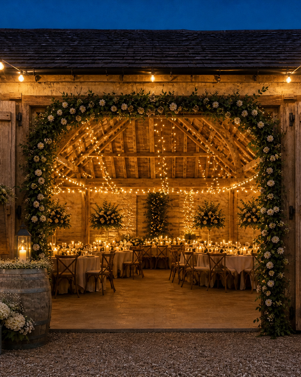 The barn's open doors at night, framed in greenery, a welcome sign and lanterns on the gravel