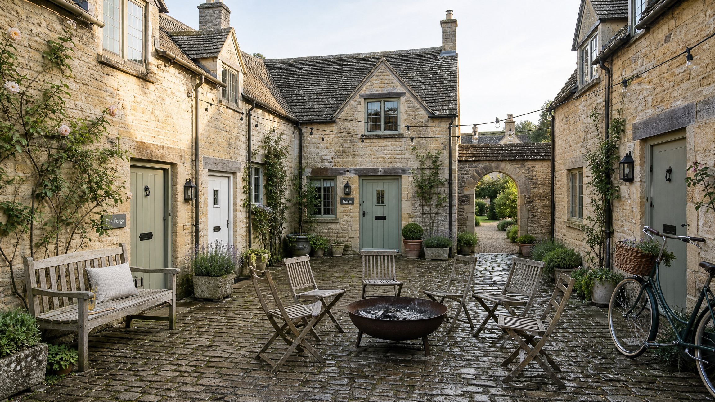 The cottages round their cobbled yard: green front doors, a fire pit with folding chairs and festoon lights between the eaves