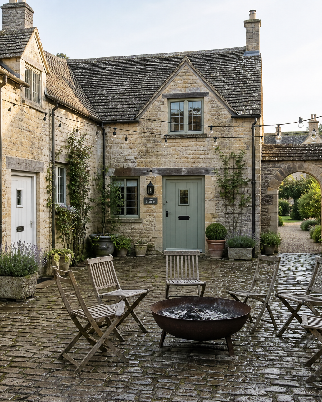 The cottages round their cobbled yard: green front doors, a fire pit with folding chairs and festoon lights between the eaves