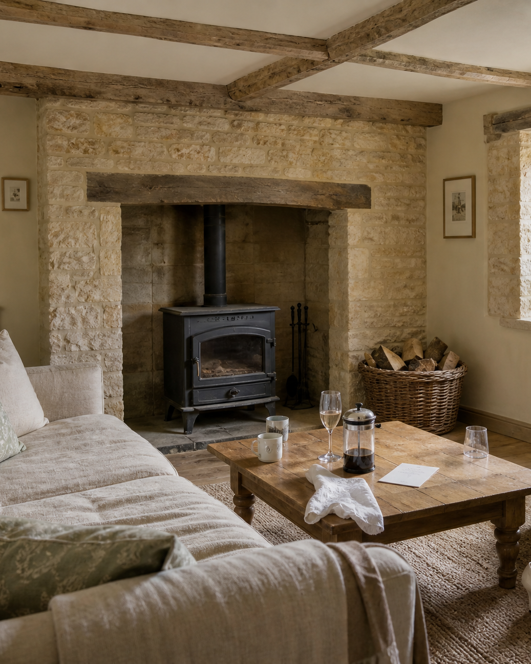 The Dairy's sitting room: a wood stove in a stone inglenook, a linen sofa and leather armchair, glasses left from the night before