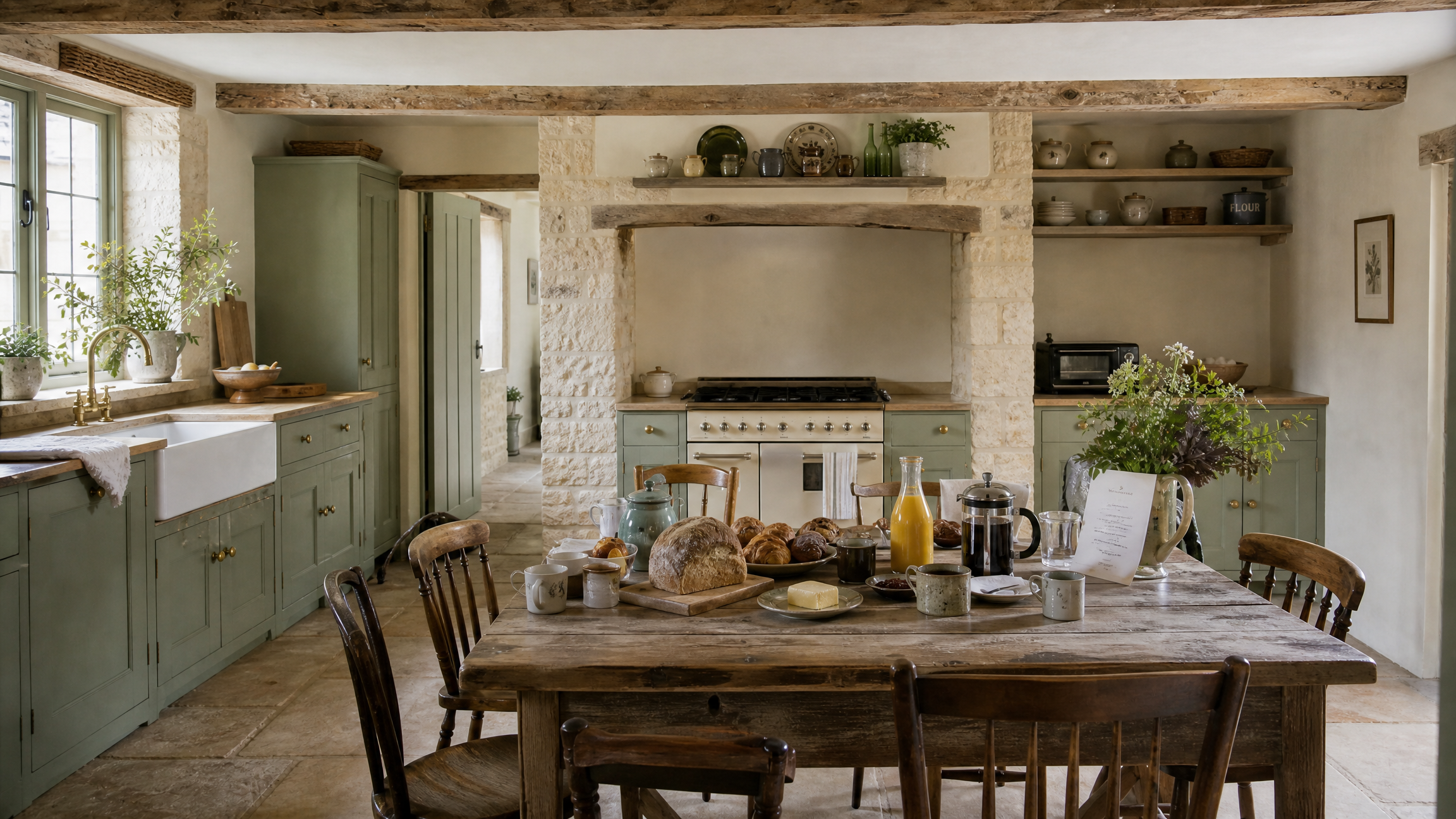 A cottage kitchen with sage cabinets and a range in the stone chimney, the oak table laid for a slow breakfast