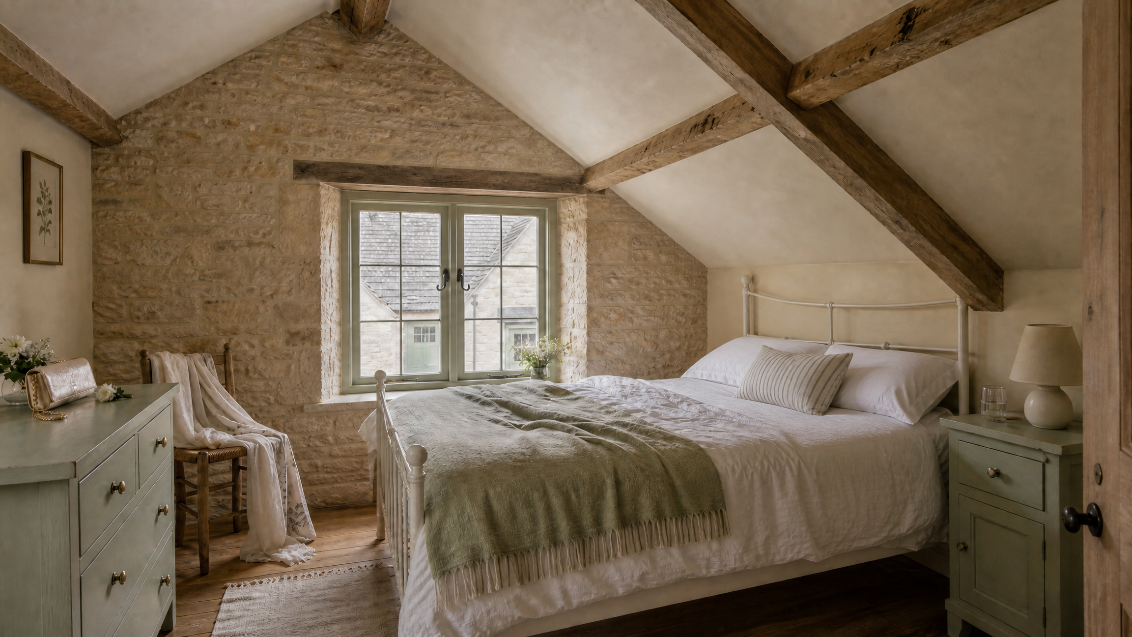 A cottage bedroom under oak beams, a white iron bed with a sage throw and a guest's dress over the chair