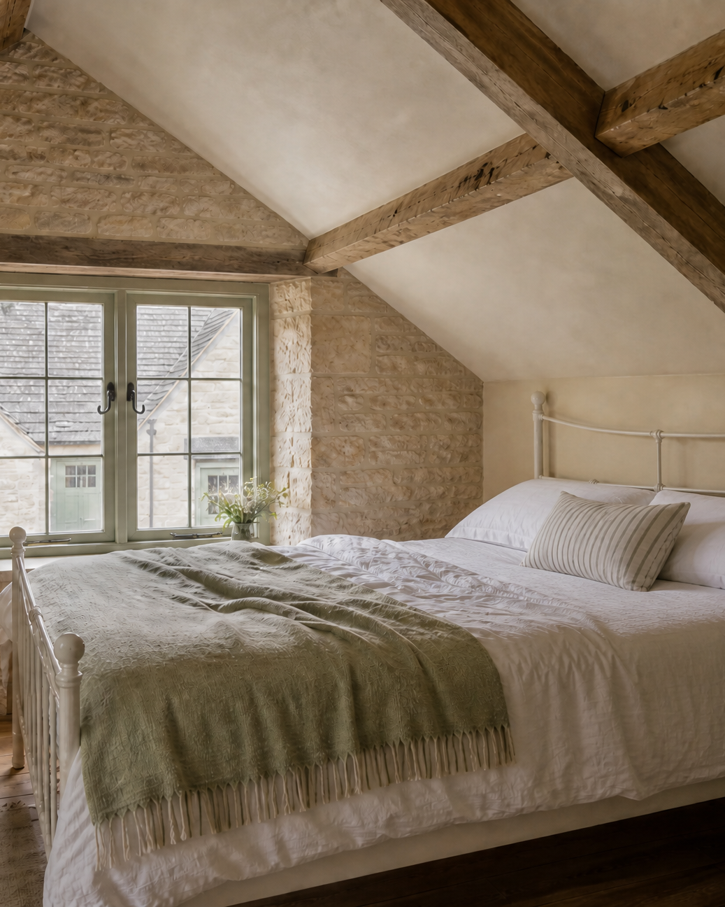 A cottage bedroom under oak beams, a white iron bed with a sage throw and a guest's dress over the chair