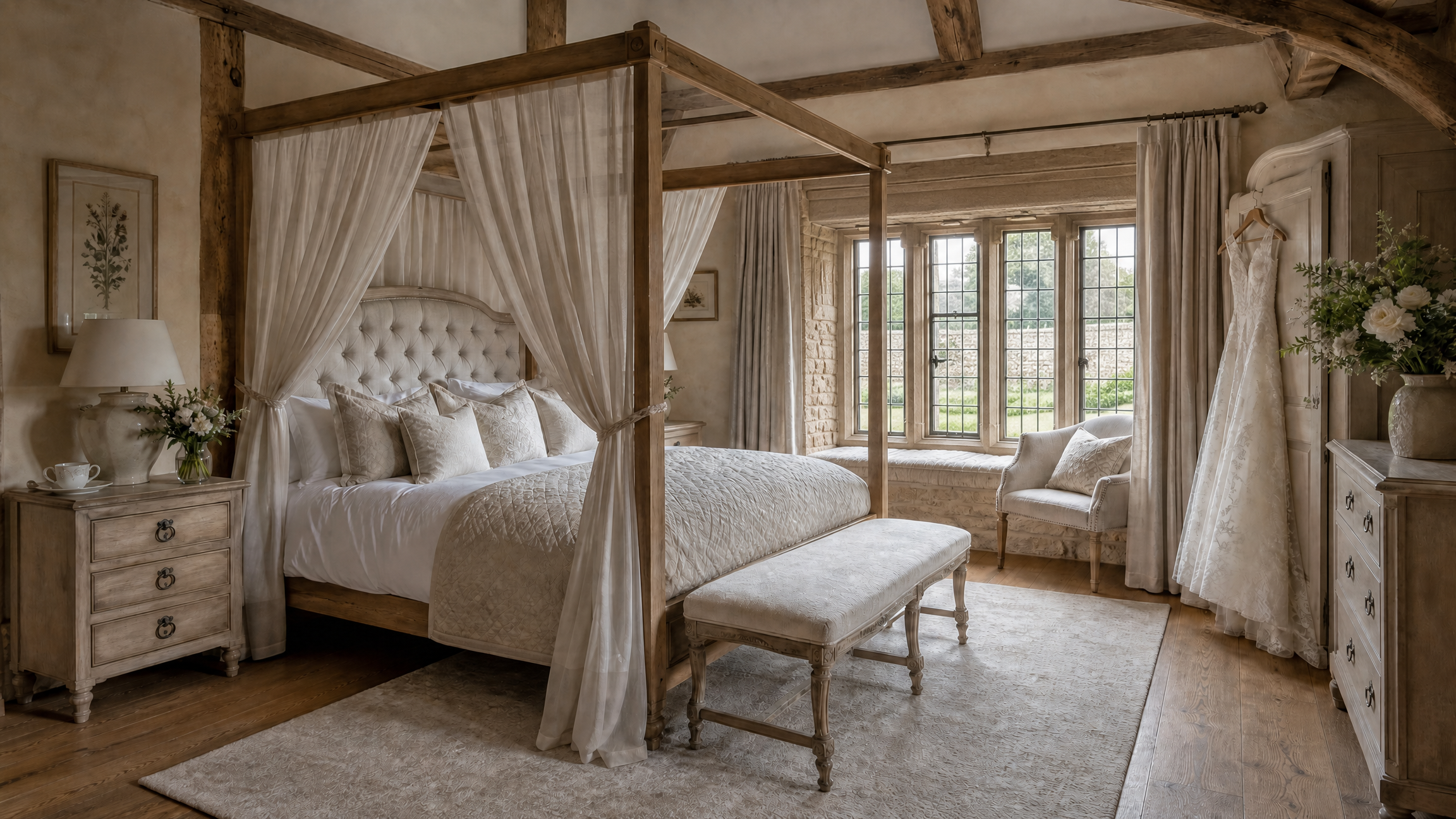 The bridal suite: an oak four-poster in ivory linen, the dress on the wardrobe and a stone-mullioned window over the walled garden