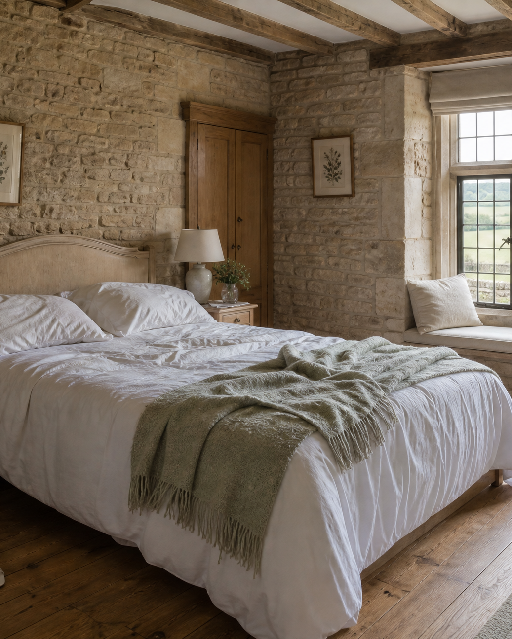 A guest bedroom in the house: a king bed in white linen, a sage throw, and a window seat looking over the fields