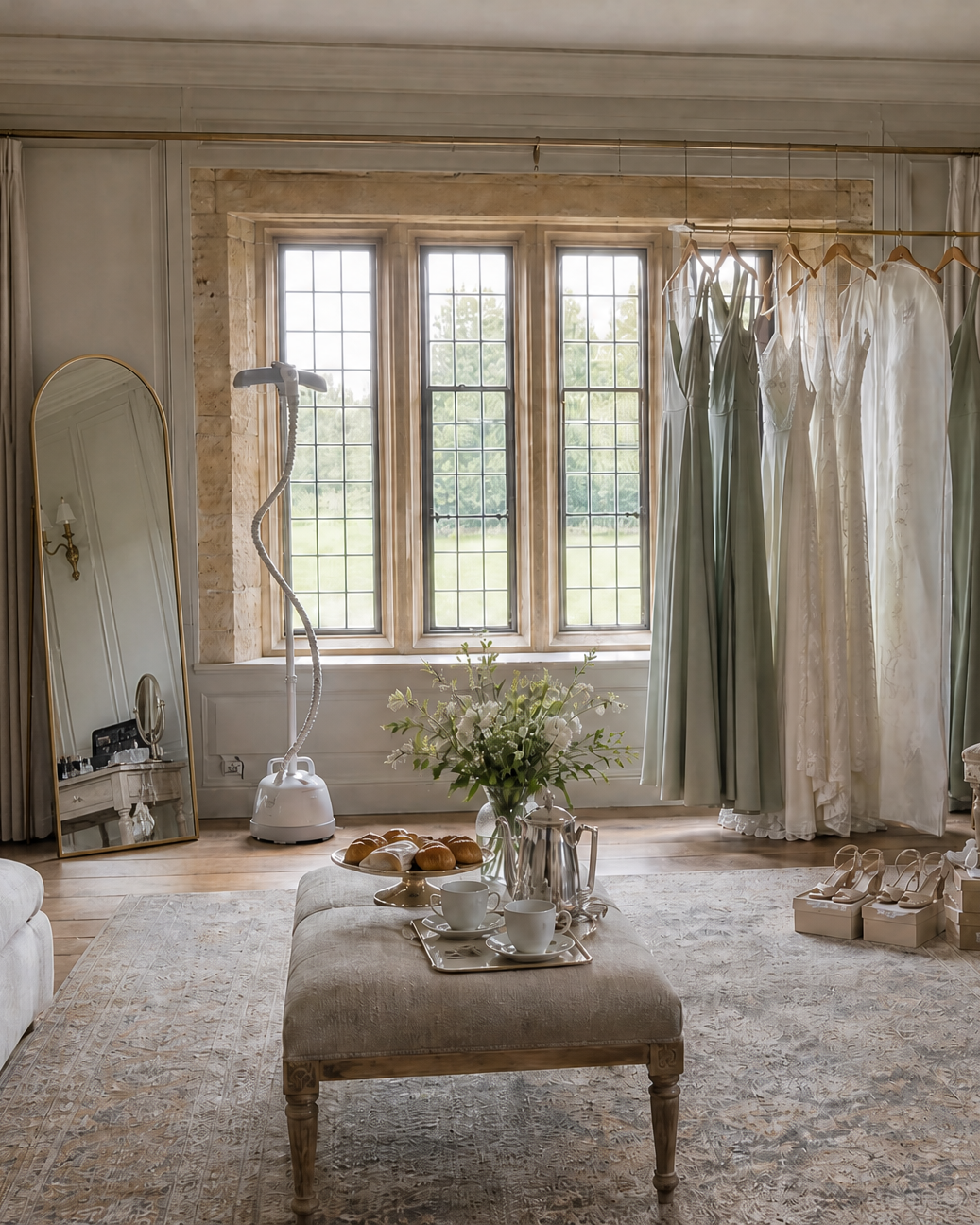 The drawing room set for getting ready: a rail of sage bridesmaids' dresses by the mullioned window, mirrors either side, coffee on the ottoman