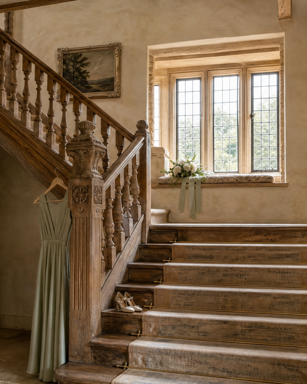 The oak Jacobean staircase rising to a landing window, a sage dress over the banister and satin shoes on a stair