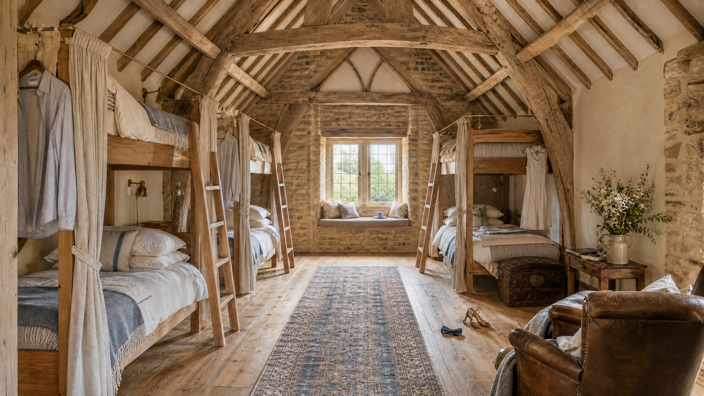 The hayloft: three oak bunk beds with linen curtains under the barn's trusses, a runner down the floor to the gable window seat