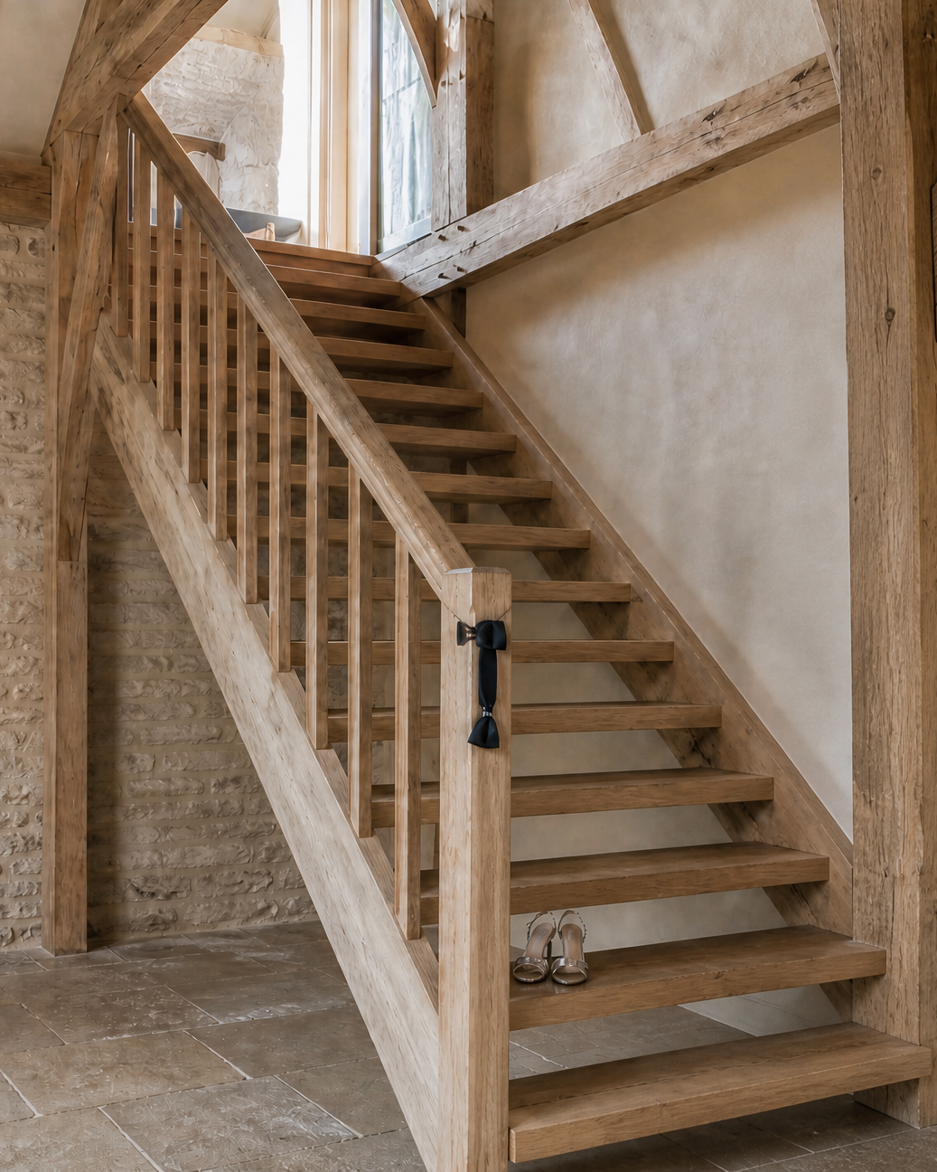 The open-tread oak stair from the barn floor up to the hayloft, jackets on iron hooks and party shoes at the foot