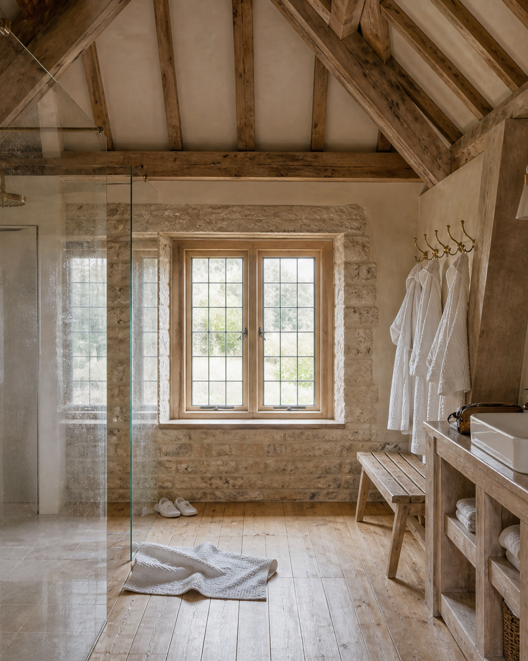 The hayloft's shower room: two rain showers side by side, twin basins on an oak vanity and robes on hooks