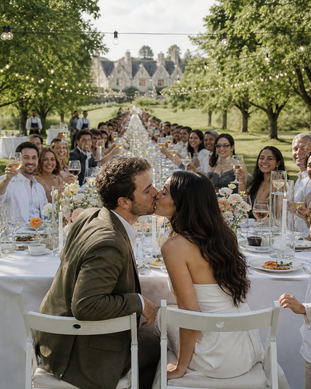 Sunday lunch at one long table under the trees on the lawn: the couple kiss at the near end while guests down both sides raise their glasses, the house at the end of the avenue