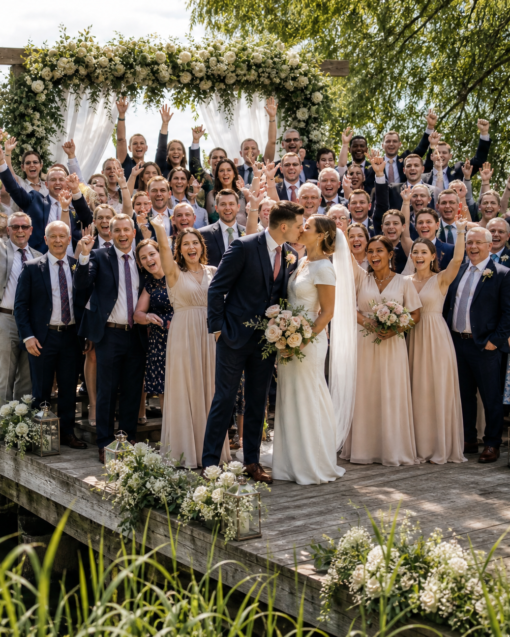 Just married under the rose arch at the end of the jetty: the couple kiss while the guests behind them cheer with arms and bouquets in the air, the house across the mere